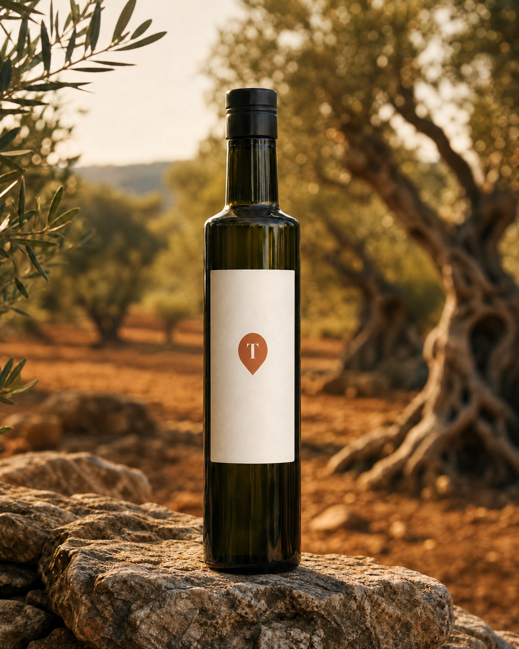 Tropfgut Olivenöl auf rustikalem Steintisch vor kretischem Olivenhain